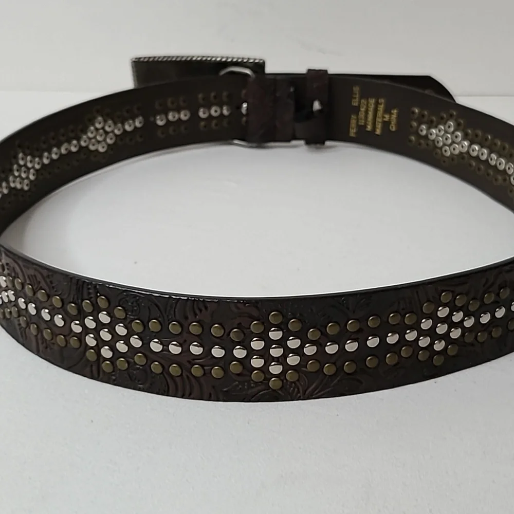 Vintage Y2K Perry Ellis Western Belt Embellished Scroll Design Faux Leather Brwn